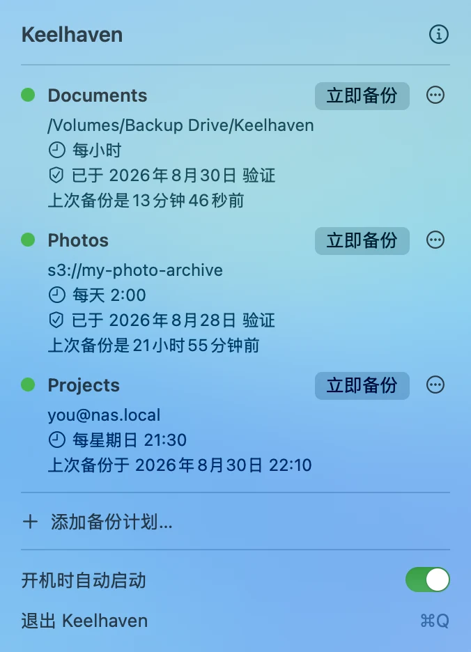 菜单栏弹窗里列着三个计划，每个都亮着绿点，显示时间表和上次备份时间。