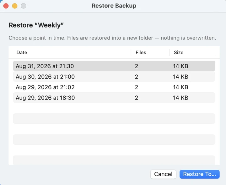 The Restore Backup window listing snapshots by date, file count and size.