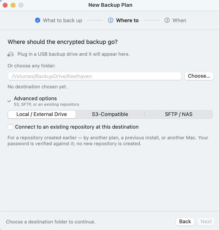 The New Backup Plan window, on the step that asks where the encrypted backup should go.